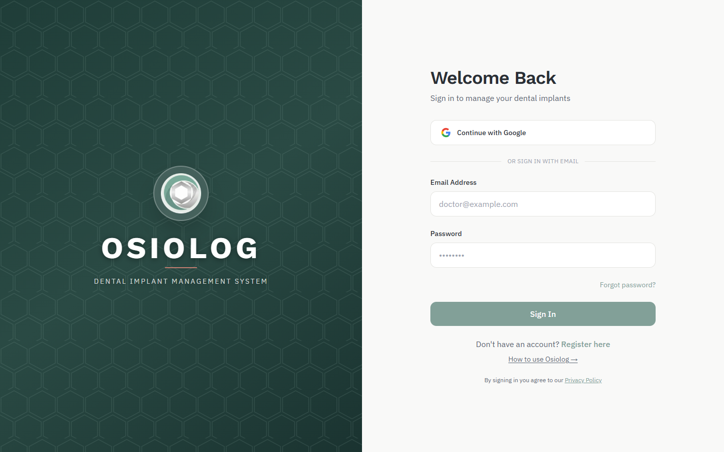 Osiolog sign-in page with Google sign-in, and email and password fields