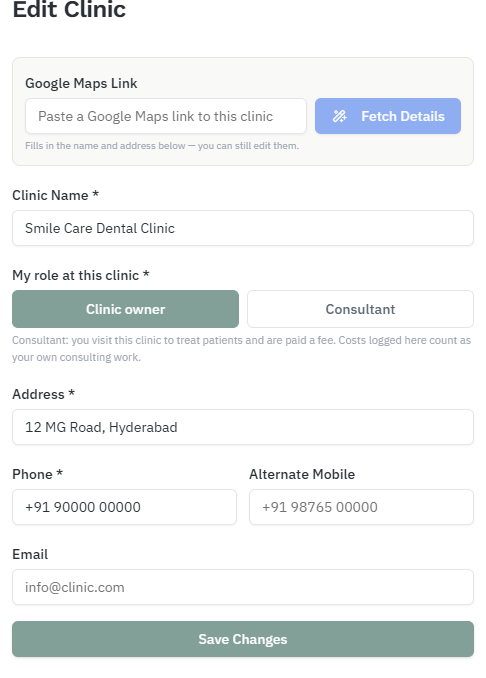 Edit Clinic form showing the My role at this clinic choice: Clinic owner or Consultant