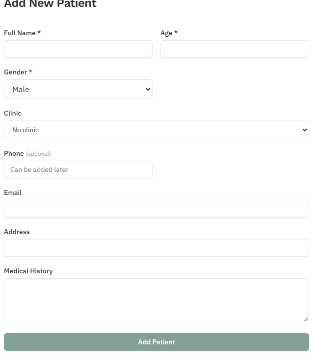 Add New Patient form with name, age, gender, clinic, phone, email and address