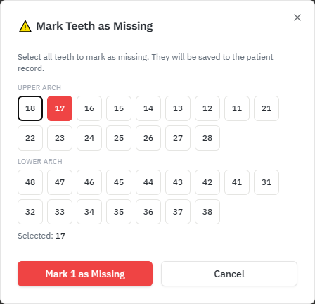Mark Teeth as Missing window with a grid of upper and lower teeth and tooth 17 selected