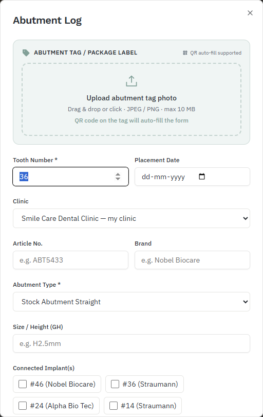 Abutment Log form with tag upload, tooth number, placement date and clinic