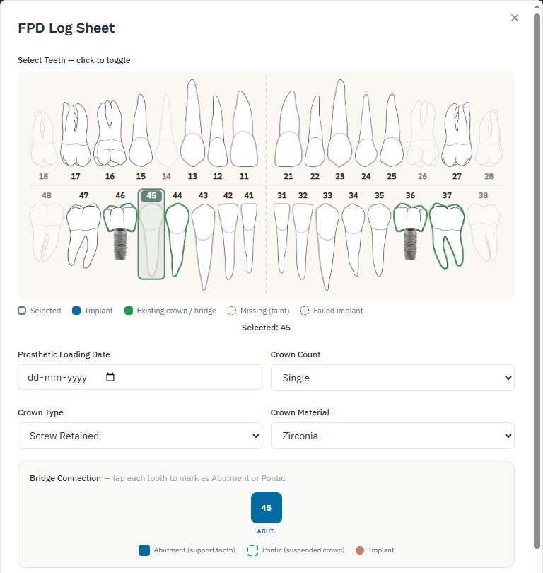 FPD Log Sheet with a small tooth chart to select bridge teeth, loading date, crown count, type and material