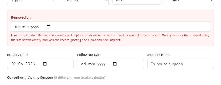 Implant form with the red Removed on date box