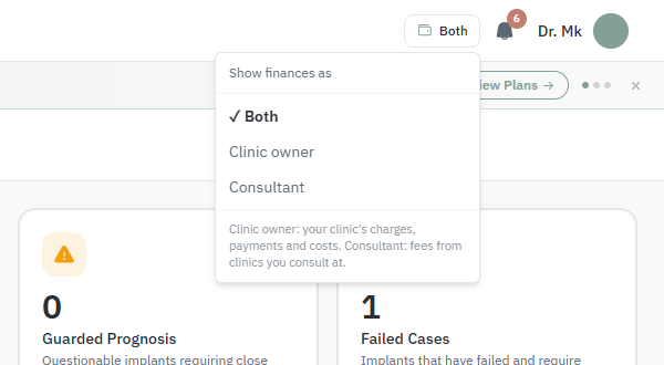 Show finances as menu with Both, Clinic owner and Consultant