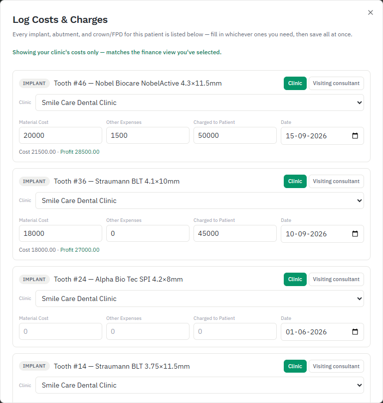 Log Costs and Charges window listing implants with clinic, material cost, other expenses and charged amounts