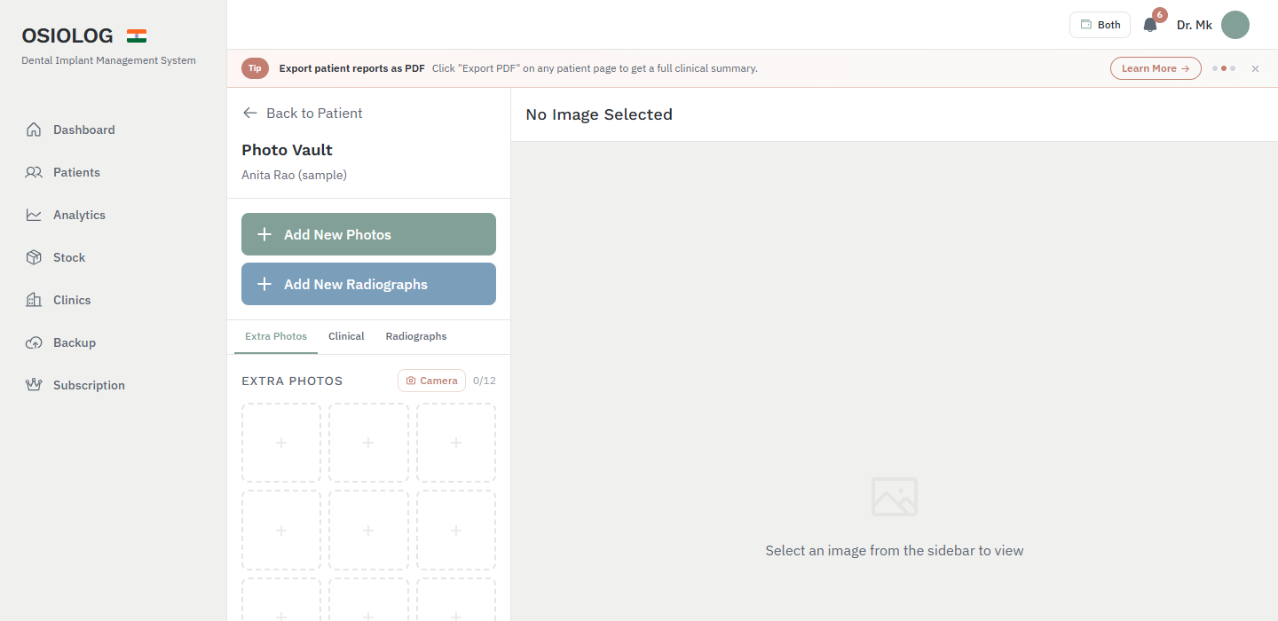Photo Vault page with Add New Photos and Add New Radiographs buttons