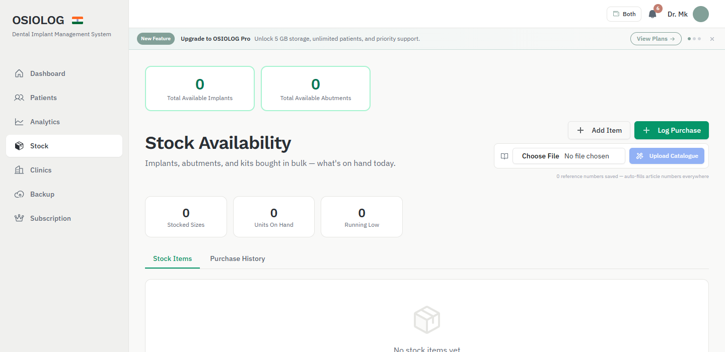 Stock Availability page with totals and Add Item and Log Purchase buttons