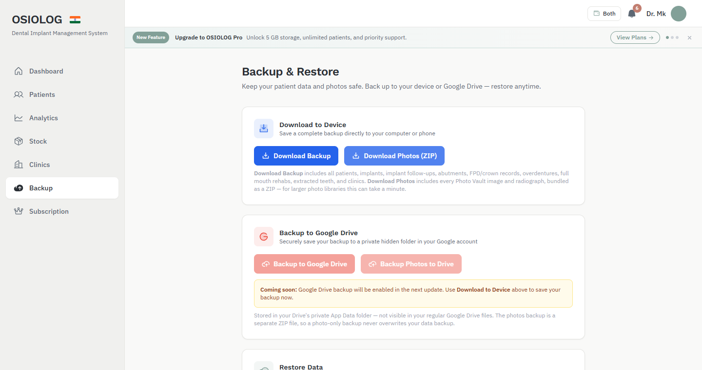 Backup and Restore page with Download Backup and Download Photos buttons
